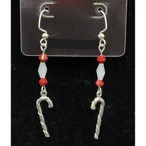 Handmade Candy Cane with Red & White Crystal Bead Earrings by Neanie-Bot